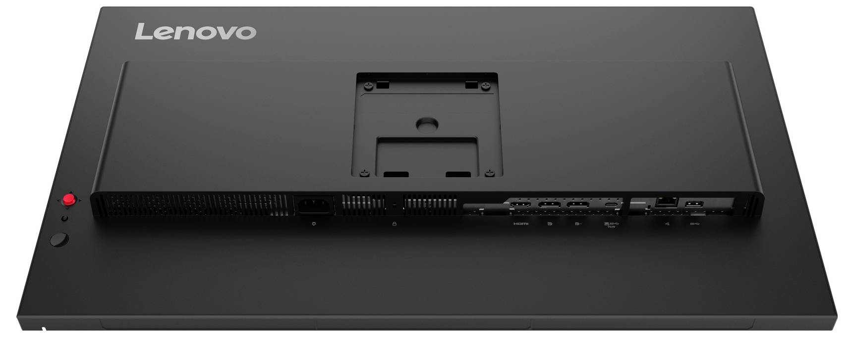 Zadní pohled na monitor Lenovo na podstavci, ukazující montážní konzolu, větrací štěrbiny a několik portů a tlačítek podél dolního okraje.