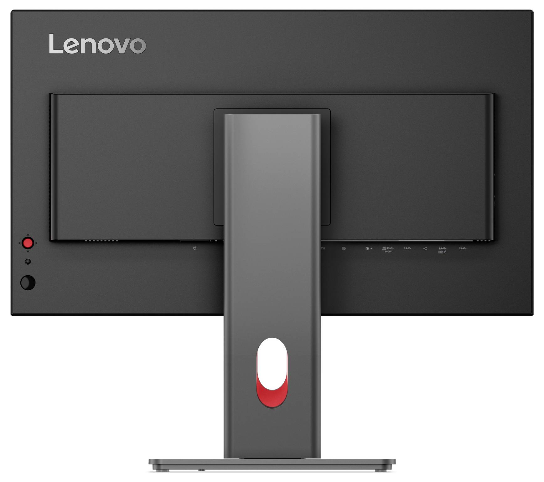 Zadní pohled na monitor Lenovo se středovým stojanem na bílém pozadí.