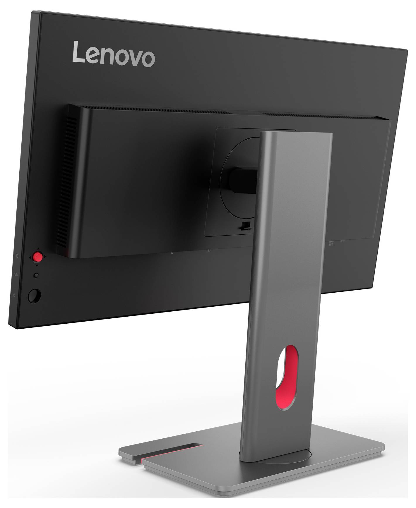 Zadní pohled na stolní monitor Lenovo na šedém stojanu, zobrazující zadní panel, kabelový kanál a červené detaily na akcenty.