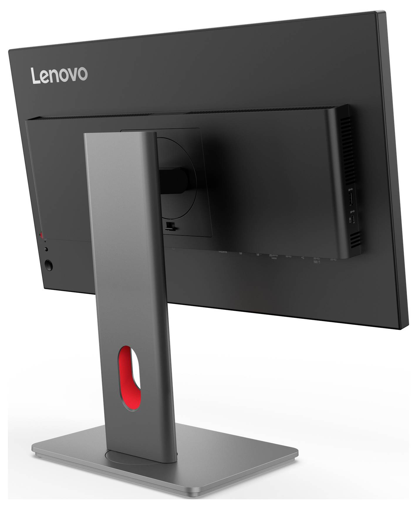 Zadní pohled na stolní monitor Lenovo na stojanu, který ukazuje zadní panel, porty kabelů a nastavitelný podstavec.