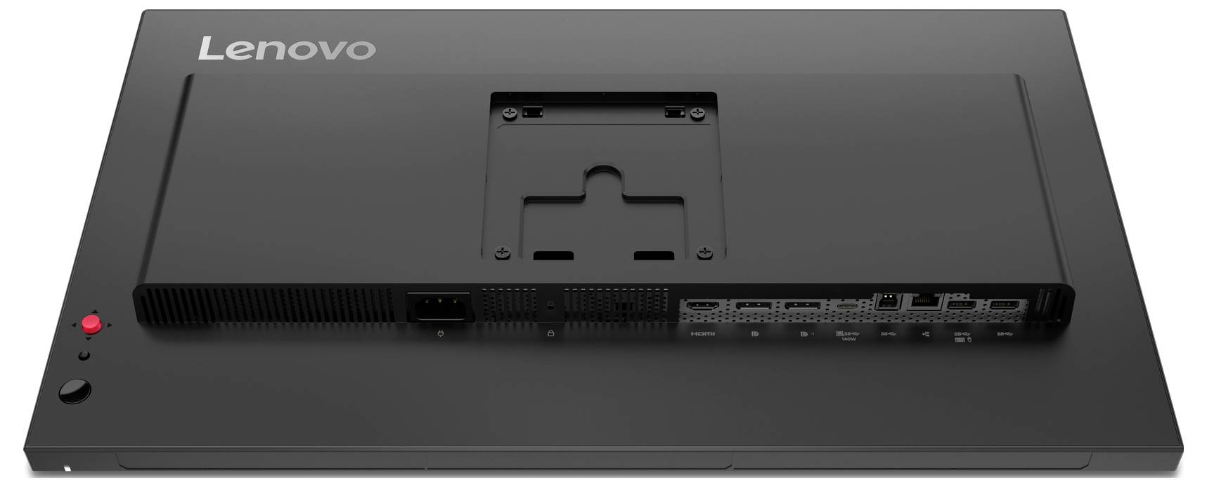 Zadní pohled na desktopový monitor Lenovo se středovým stojánem a otvorem pro vedení kabelů na obdélníkové základně.