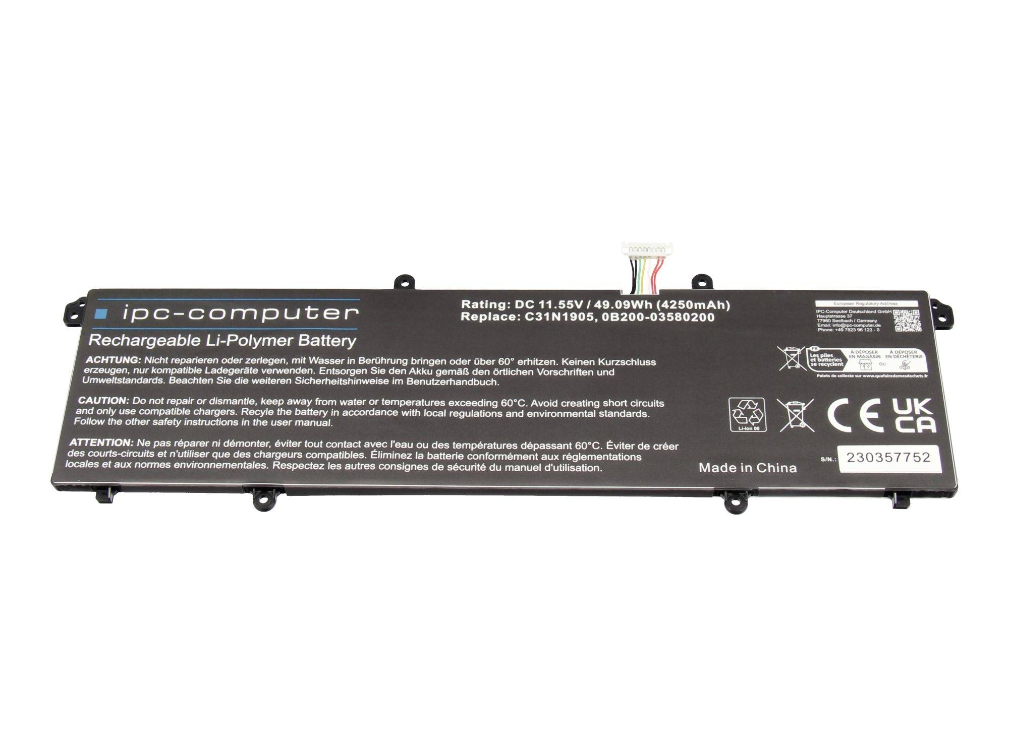 Dlouhá baterie pro nahrazení notebooku označená "ipcn computer" s hodnocením 11,55V 49,09Wh, zobrazená na bílém pozadí.