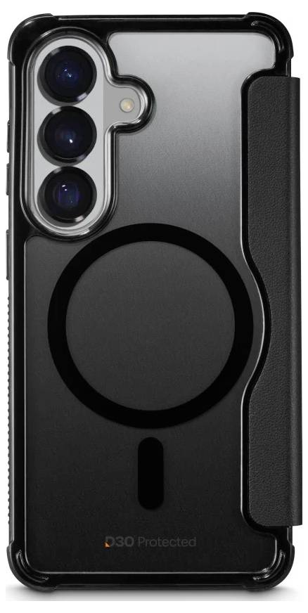 Černý kryt na smartphone s vestavěným kruhovým MagSafe stylem prstence a zvýšenou ochranou fotoaparátu na stříbrném zádech telefonu.