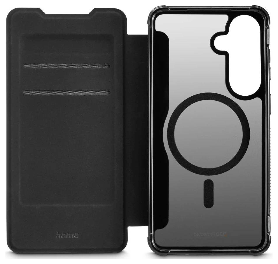 Černý klapací obal na telefon zobrazený otevřený, s průhledným zadním krytem a kruhovou značkou pro zarovnání v podobě MagSafe.