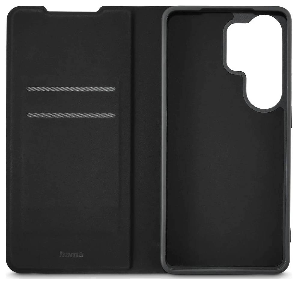 Černý flip obal na smartphone s předním krytem, sloty na karty a velkým výřezem pro fotoaparát.