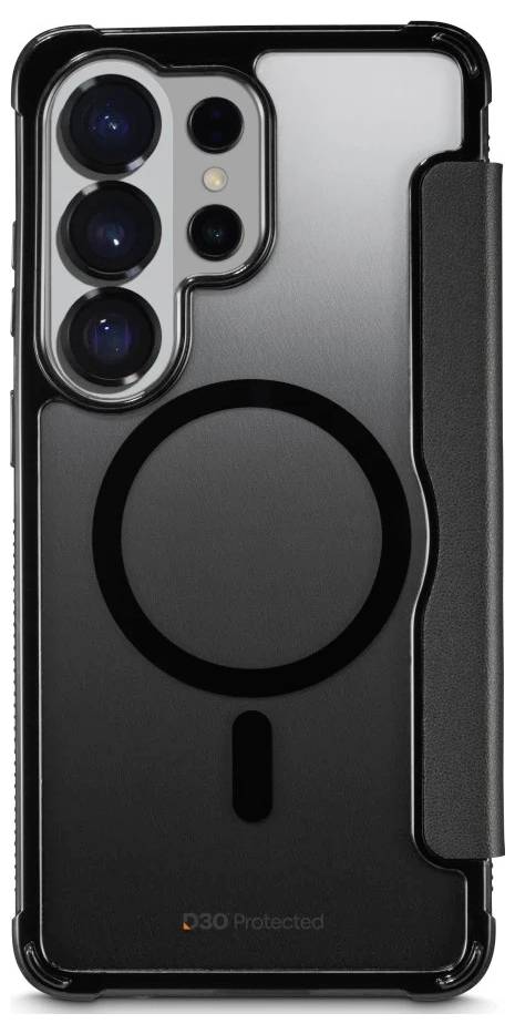 Černý kryt na smartphone s magnetickým kroužkem a výřezem na fotoaparát, zobrazený zezadu na světlém pozadí.