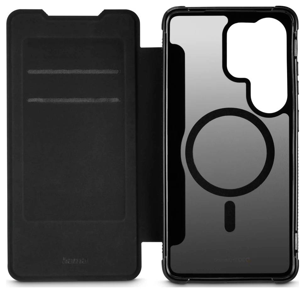 Černé pouzdro pro smartphone v podobě knihy zobrazené otevřené, s předním krytem vlevo a čirým magnetickým zády vpravo, s výřezem pro fotoaparát a kruhovým designem kroužku.