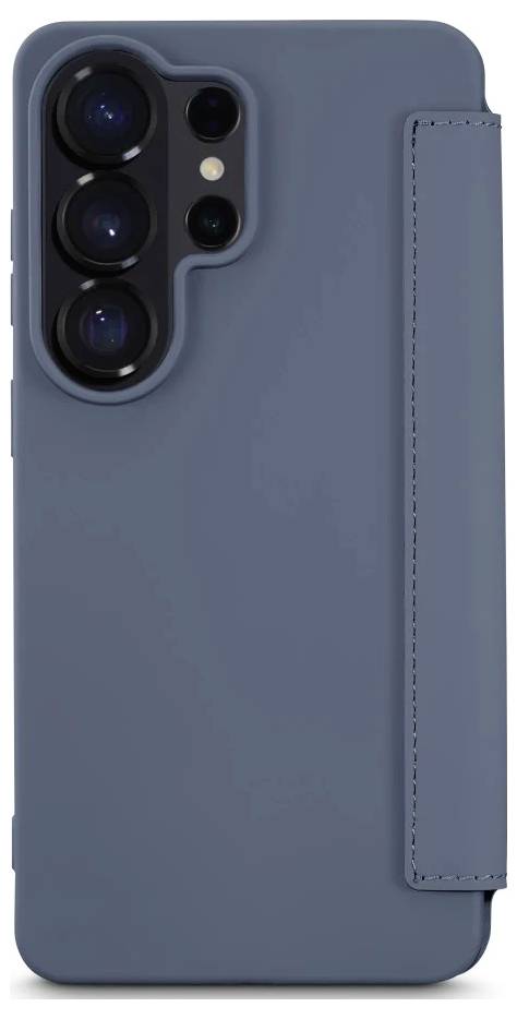 Modrý obal na smartphone s vysouvajícím se trojitým výřezem fotoaparátu a vertikálním postranním klapkou na pravé straně.