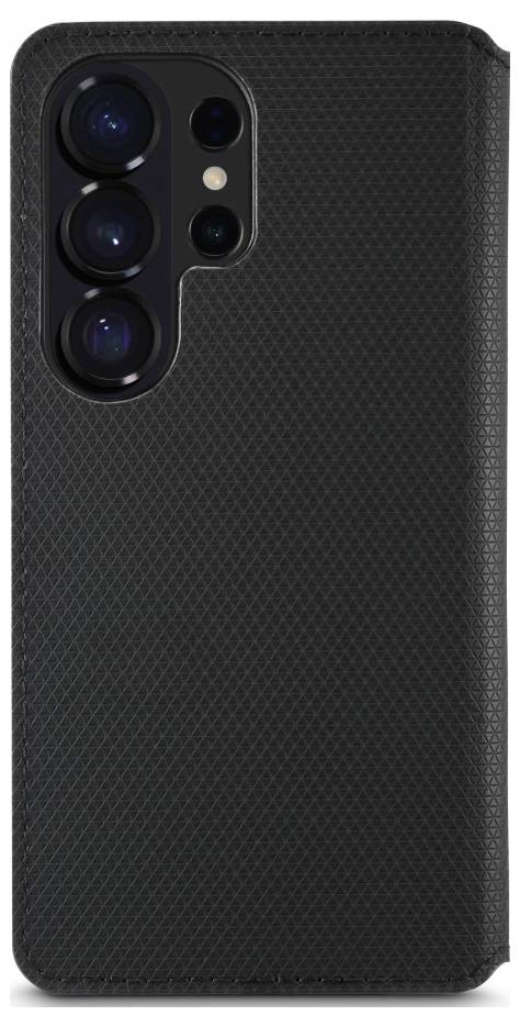 Černý strukturovaný kryt na smartphone s trojitým výřezem pro kameru a otvorem pro blesk v levém horním rohu, pohled zezadu.