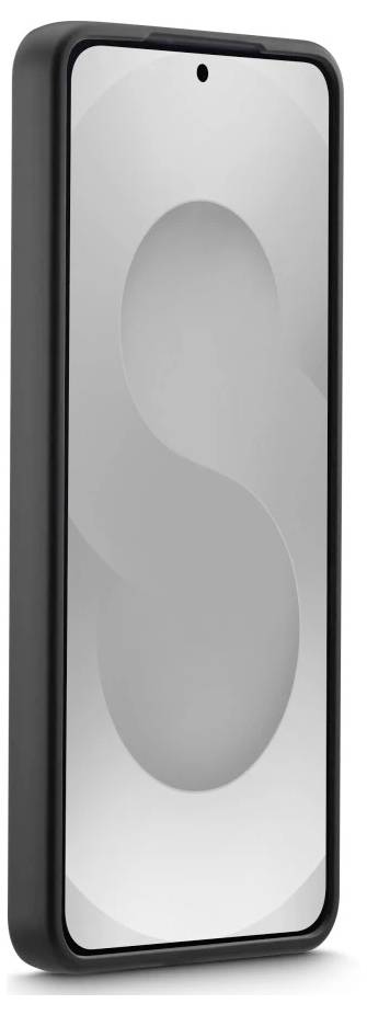 Vysoký smartphone s černým rámem, převážně prázdnou světlou obrazovkou a jemnou šedou abstraktní grafikou ve tvaru S.