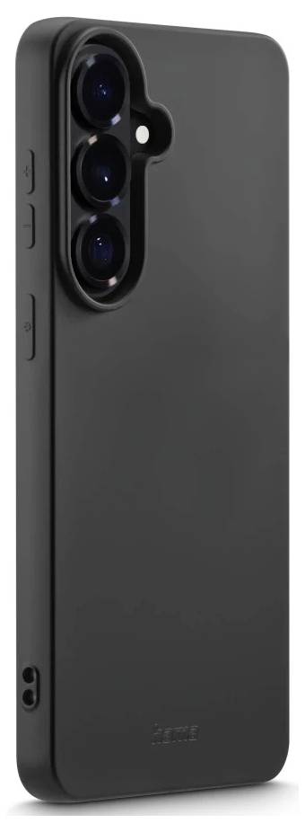 Černý obal na smartphone s trojitým vyrezem pro zadní kameru a kryty bočních tlačítek, zobrazený v pohledu zezadu na bílém pozadí.