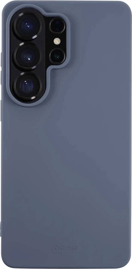 Modrý kryt chytrého telefonu zobrazený zezadu s velkým vyvýšeným výřezem pro fotoaparát pojímajícím tři objektivy a blesk.