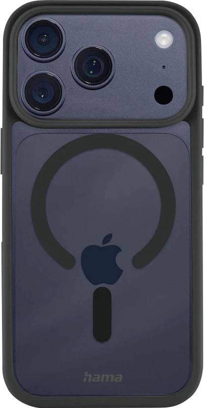Zadní strana iPhonu v tmavém obalu Hama s MagSafe kroužkem, zobrazující trojí zadní kamery a blesk.