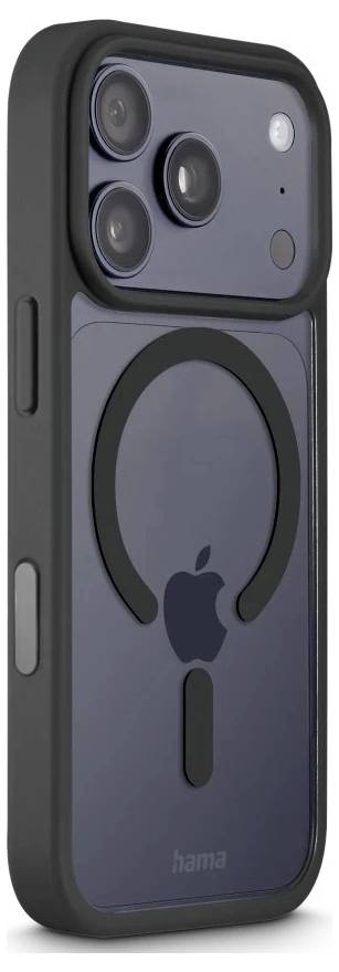 Černé pouzdro na smartphone s kruhový prstencem ve stylu MagSafe a vyříznutím loga Apple, zobrazeno na zadní straně iPhonu s trojitým objektivem fotoaparátu.