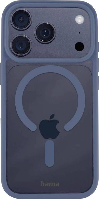 Modrý obal na iPhone s trojitými výřezy pro zadní kameru a vycentrovaným prstencem ve stylu MagSafe a logem Apple na zádech.