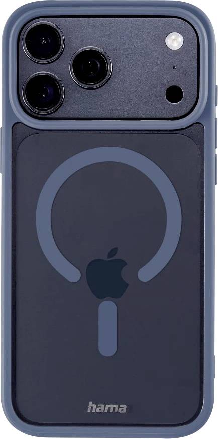 Modrý iPhone v tmavém pouzdru ve stylu Hama MagSafe se zobrazením velkého kruhového grafického prvku a loga Apple.