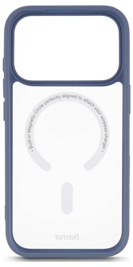 Modrý obal na telefon s vestavěným kroužkem MagSafe nabíječky a značkou vertikálního zarovnání na bílém zadním panelu.