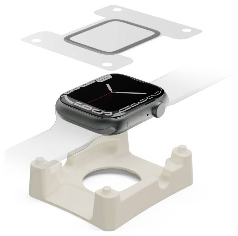 Apple Watch se instaluje na bílý pás s montážní základnou a ochranným těsněním nad ním.