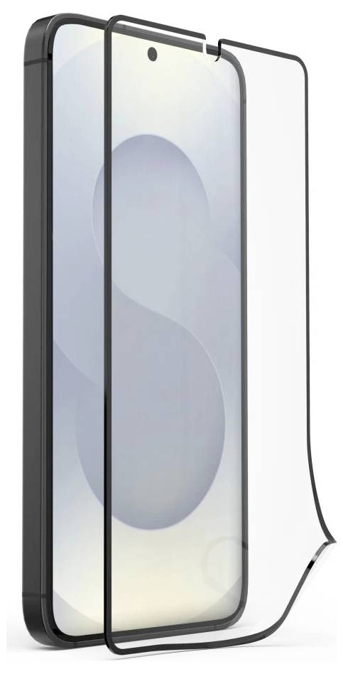 Přední a boční pohled ochranného skla na obrazovku smartphonu s černým rámem na okrajích, mírně oddělené od telefonu, které naznačují instalaci
