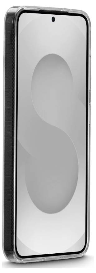 Přední pohled na černý smartphone se stříbrnou obrazovkou zobrazující slabou abstraktní grafiku ve tvaru S.