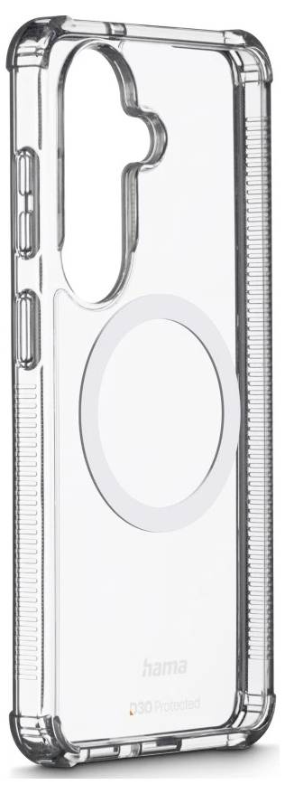 Transparentní ochranné pouzdro na telefon s velkým kruhovým kroužkem ve stylu MagSafe a výřezy pro tlačítka a fotoaparát.