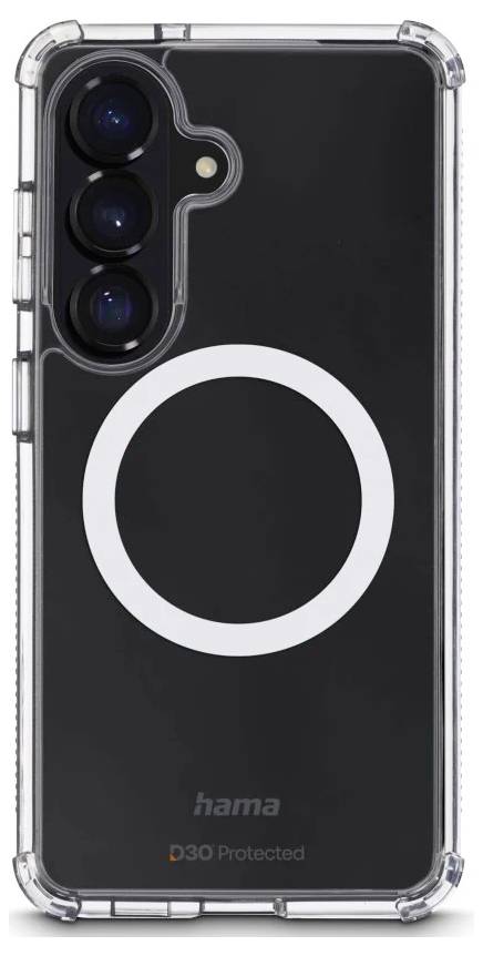 Průhledné ochranné pouzdro na smartphone s černým zadním dílem a velkým bílým kruhovým grafickým prvkem, s vyříznutím pro trojitý zadní fotoaparát a logem Hama