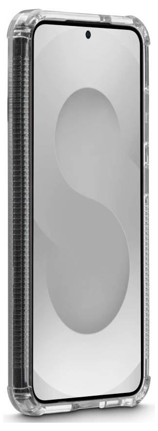 Čirý kryt na smartphone s vyvýšeným lesklým S-tvarem na zadní straně, zobrazený v bočním pohledu na bílém pozadí.