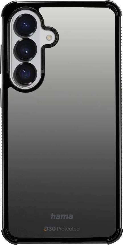 Černý kryt na smartphone se zvýšenými okraji a trojitým výřezem pro zadní kameru, popsaný s nálepkami 'hama' a 'D3O Protected' v dolní části.