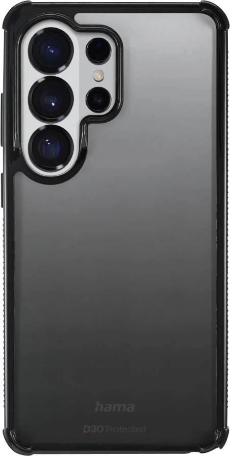 Průhledný ochranný kryt telefonu s vyvýšeným černým nárazníkem a výřezem pro fotoaparát trojitého objektivu chytrého telefonu; značka "hama" v dolní části.