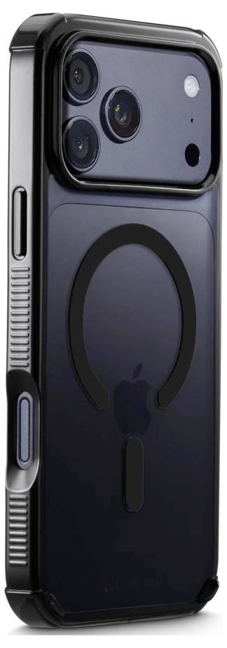 Detailní záběr černého pouzdra na smartphone s velkým kroužkem nabíjení MagSafe a vyvýšeným výřezem pro trojitou kameru.