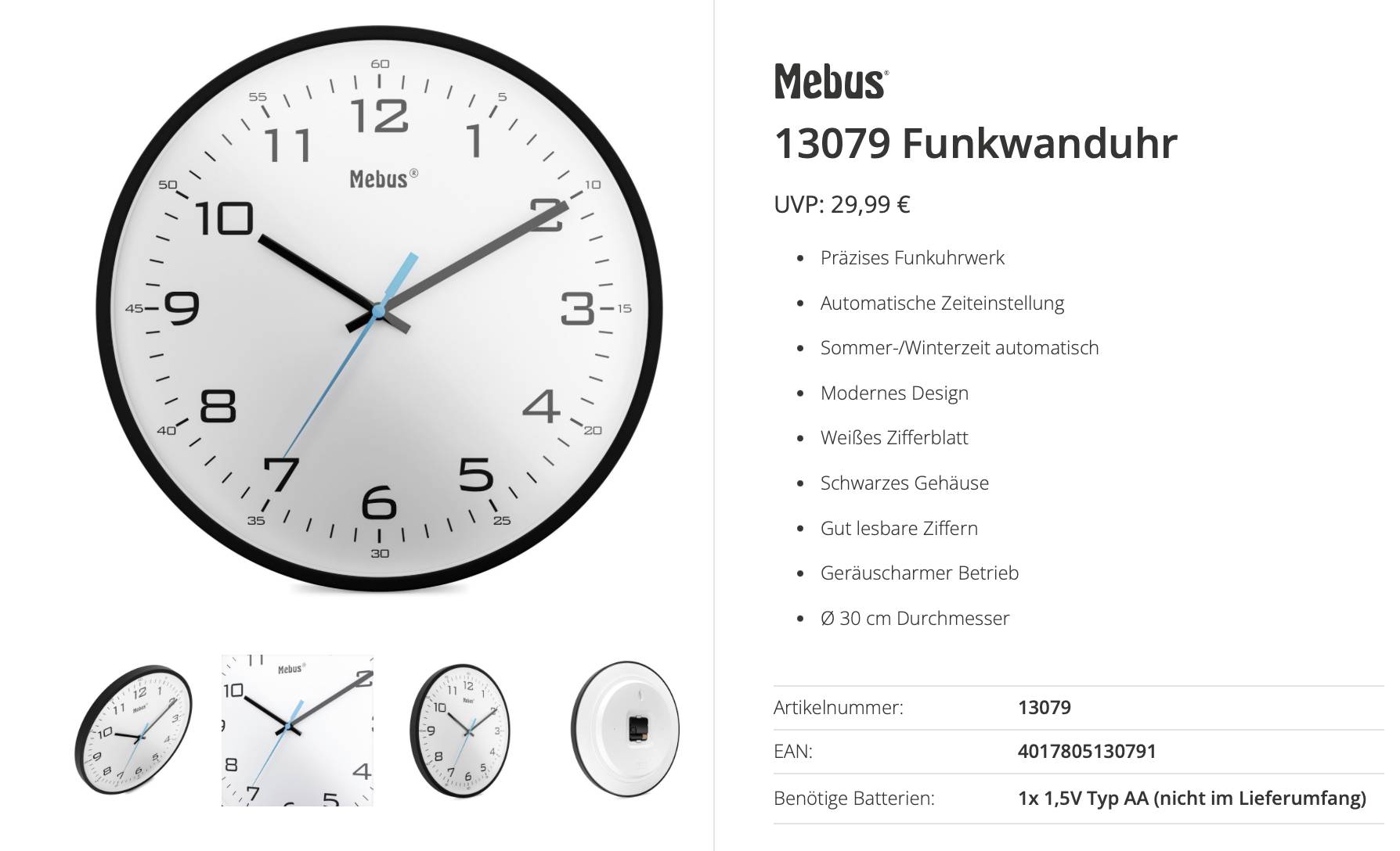Produktová nabídka pro analogické rádiově řízené nástěnné hodiny Mebus 13079 s bílým ciferníkem, černým pouzdrem a modrou vteřinovou ručkou, zobrazující cenu a vlastnosti.