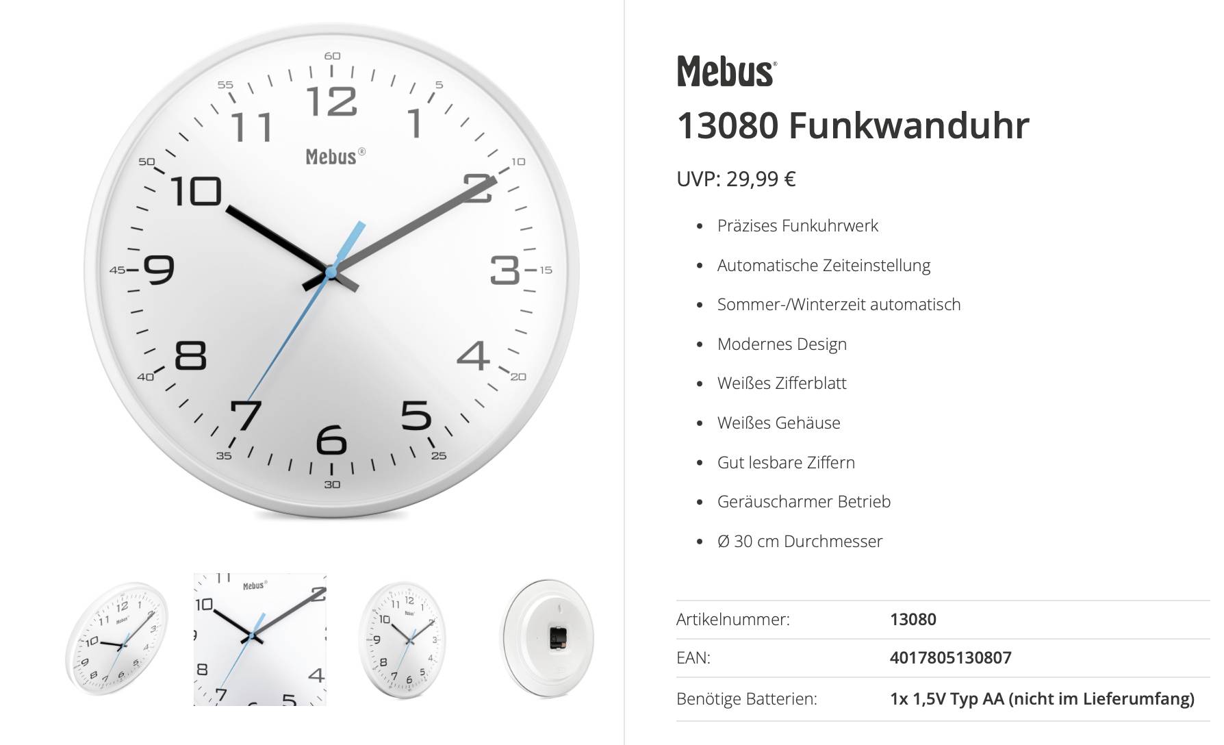 Nabídka produktu pro analogické řízené rádiem nástěnné hodiny Mebus 13080 s bílým ciferníkem, černými číslicemi, stříbrným pouzdrem a modrou ručkou sekund; jsou zobrazeny vlastnosti a cena.