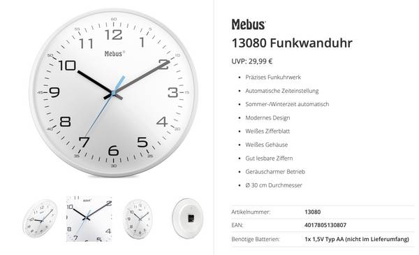 Mebus 13080 DCF rádiové hodiny 30 cm , bílá, tiché hodiny (bez tikání)
