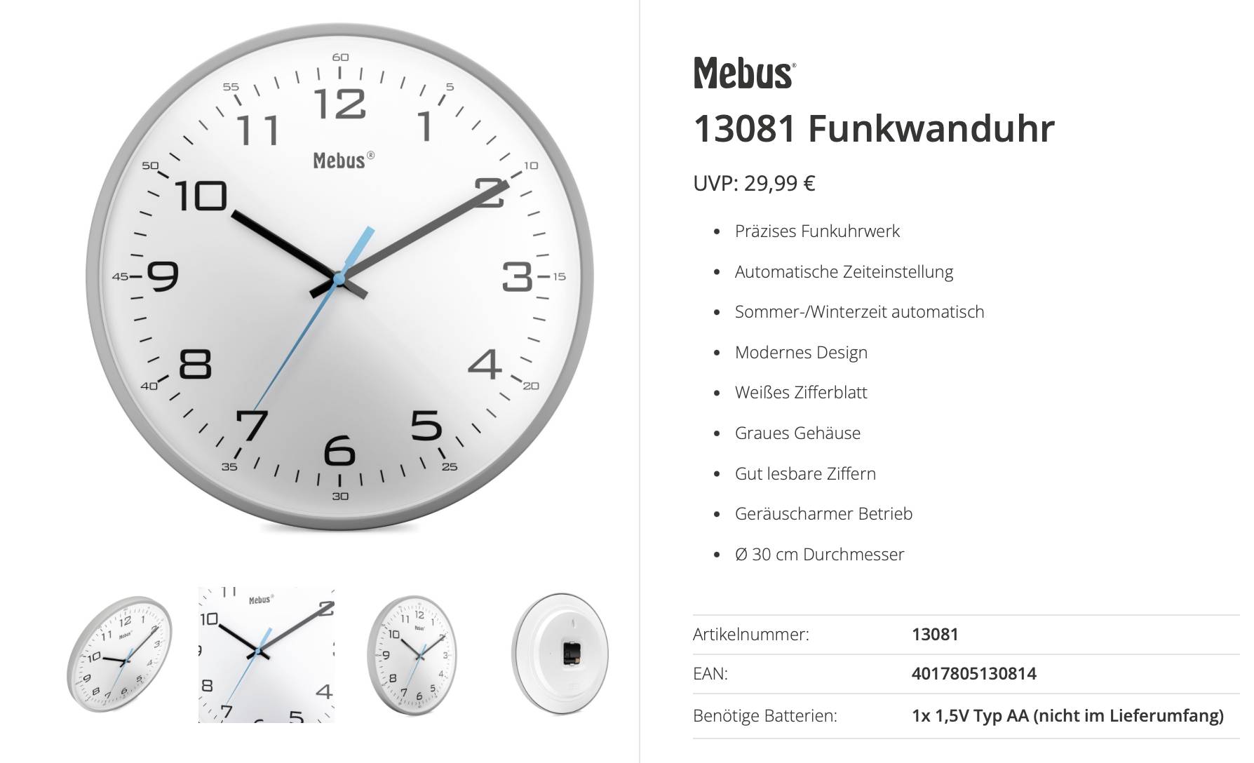 Produktbild einer Mebus 13081 analogen funkgesteuerten Wanduhr mit silbernem Rahmen, weißem Zifferblatt, schwarzen Ziffern, blauem Sekundenzeiger und Merkmalliste mit Preis in deutscher Sprache.