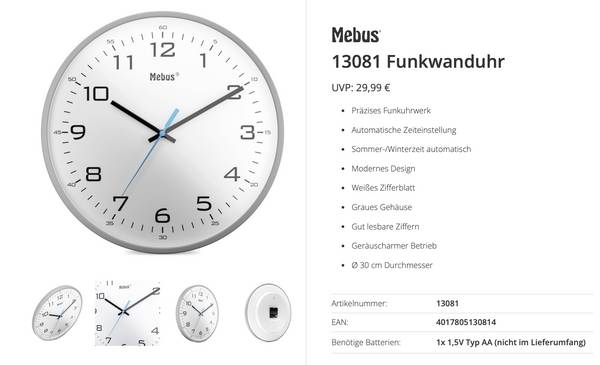 Mebus 13081 DCF rádiové hodiny 30 cm , šedá, tiché hodiny (bez tikání)
