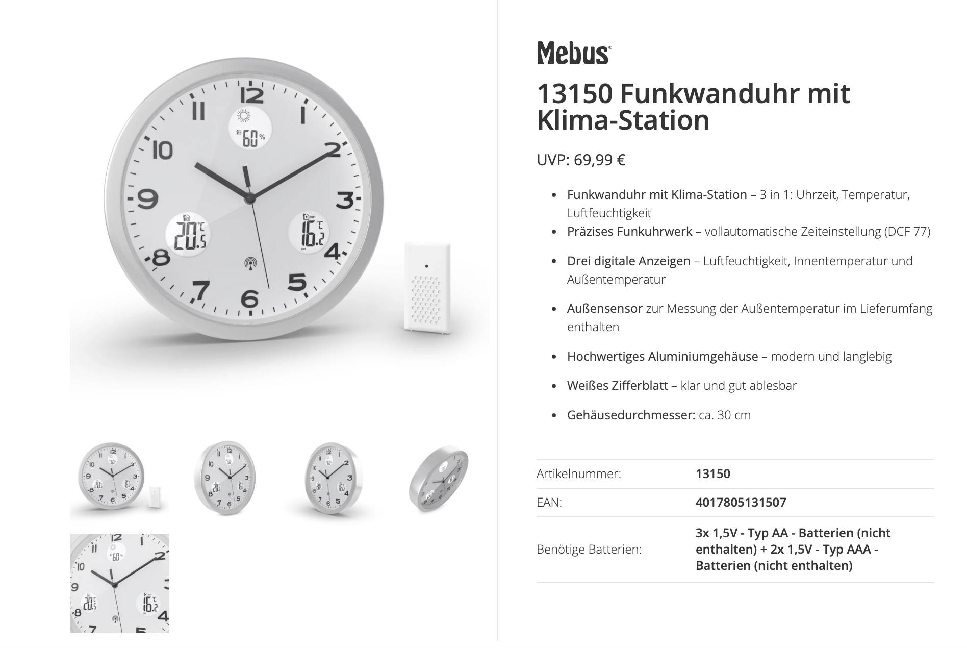 Produktový obrázek rádia s radiově řízeným analogovým hodinami Mebus 13150 se stanicí pro měření klimatu, zobrazující čas, teplotu, vlhkost a venkovní senzor; cena 99,90 EUR.