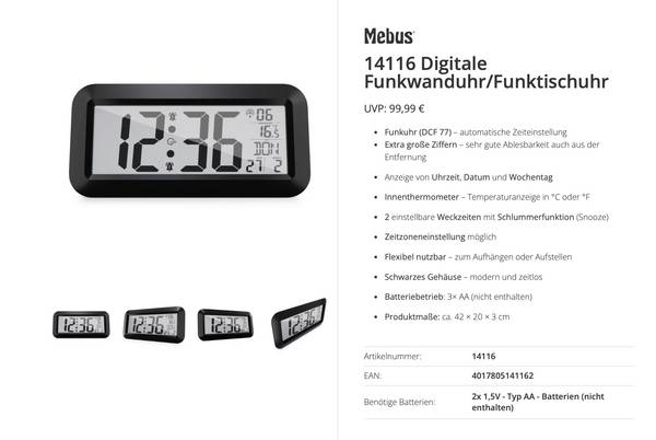 Mebus 14116 DCF rádiové hodiny 42 cm x 20 cm x 3 cm, černá, velký displej