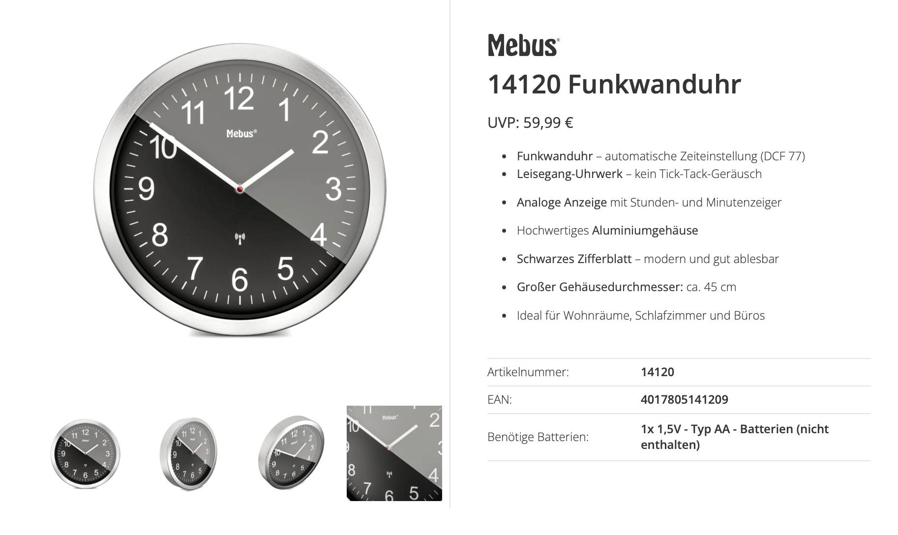 Nabídka produktu pro rádiem řízené nástěnné hodiny Mebus 14120, analogové s minutovými značkami a černým ciferníkem, průměr 45 cm, cena UVP 59,99 EUR.