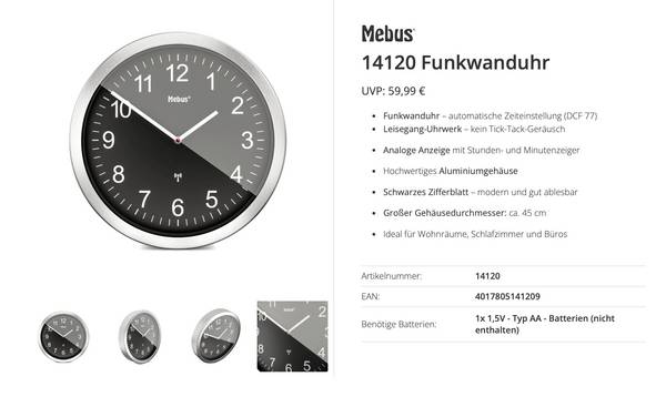 Mebus 14120 DCF rádiové hodiny 45 cm , hliník, tiché hodiny (bez tikání)