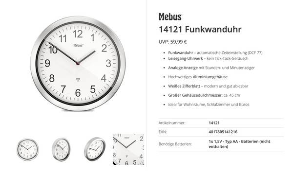 Mebus 14121 DCF rádiové hodiny 45 cm , hliník, tiché hodiny (bez tikání)