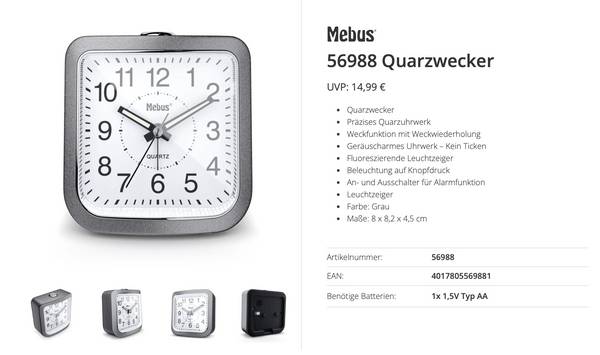 Mebus  56988  Quartz  budík  šedá