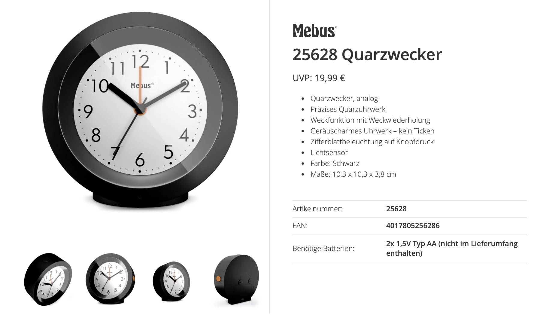 Produktbild einer schwarzen Mebus 25628 Quarz-Wecker, gezeigt in Vorder- und Seitenansicht, mit aufgelisteten Funktionen und Preis in deutscher Sprache.