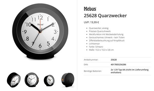 Mebus  25628  Quartz  budík  černá