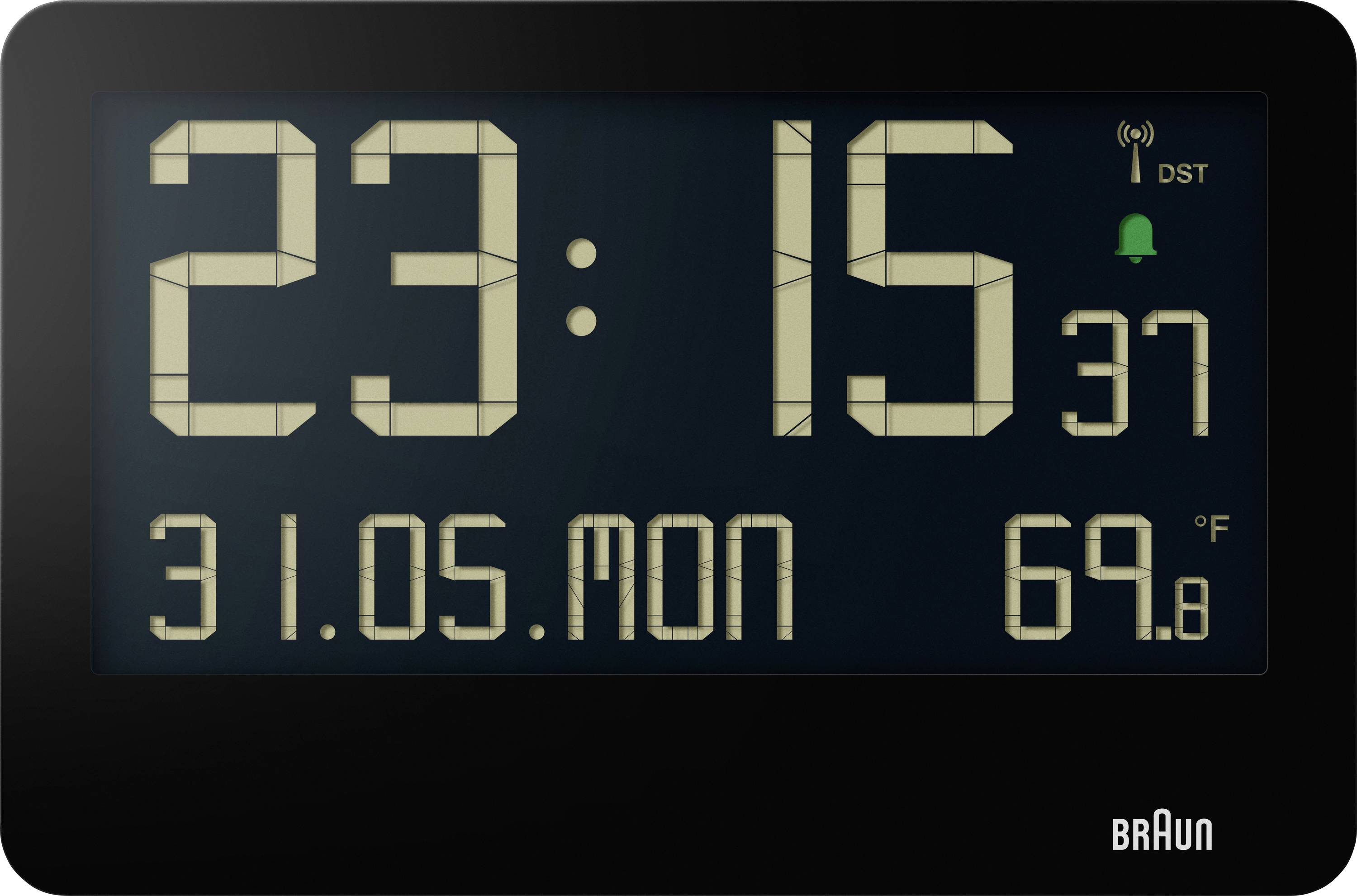 Digitální zobrazení hodin Braun ukazující 23:15, pondělí 31.05, 69,8°F a alarm 37 s indikátorem letního času.