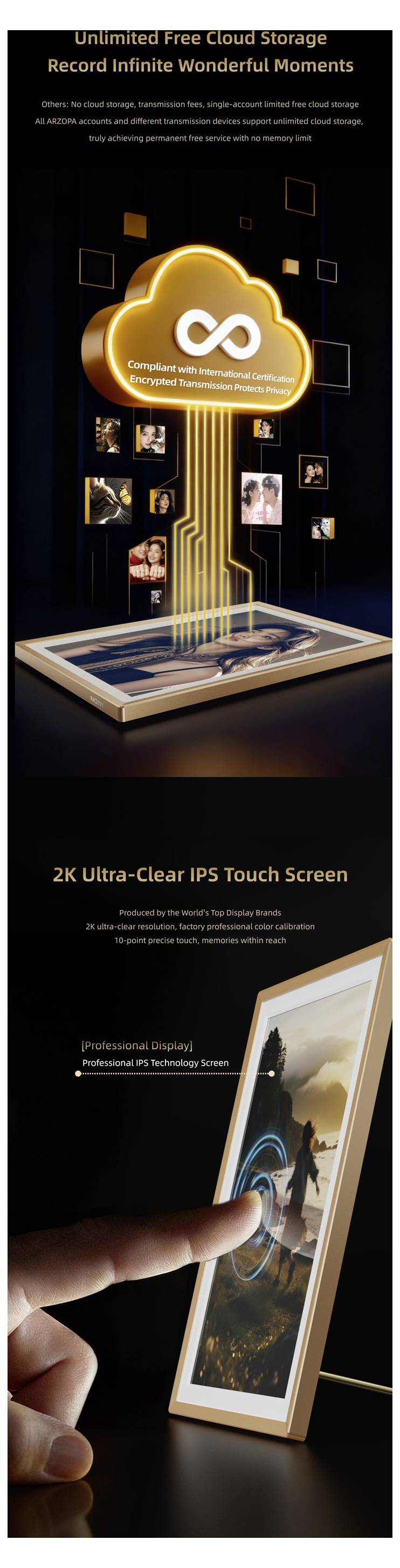 Propagační grafika pro 2K ultra-čistý IPS dotykový displej, zobrazující zářící ikonu cloudového úložiště nad tabletem a prst dotýkající se displeje.