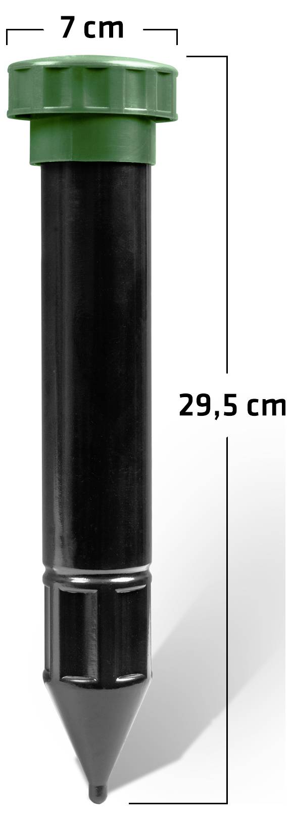 Černý zahradní kolík rozprašovače se zeleným víčkem, zobrazený vzpřímeně s rozměry označenými 7 cm na šířku a 29,5 cm na výšku.