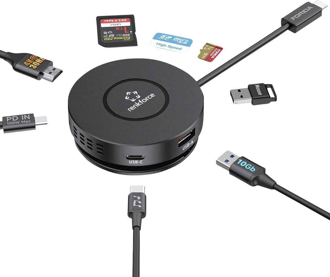 Kulatý USB-C hub s více porty, zobrazen s adaptéry pro SD, microSD, USB-A, Ethernet a napájecí vstup na bílém pozadí.