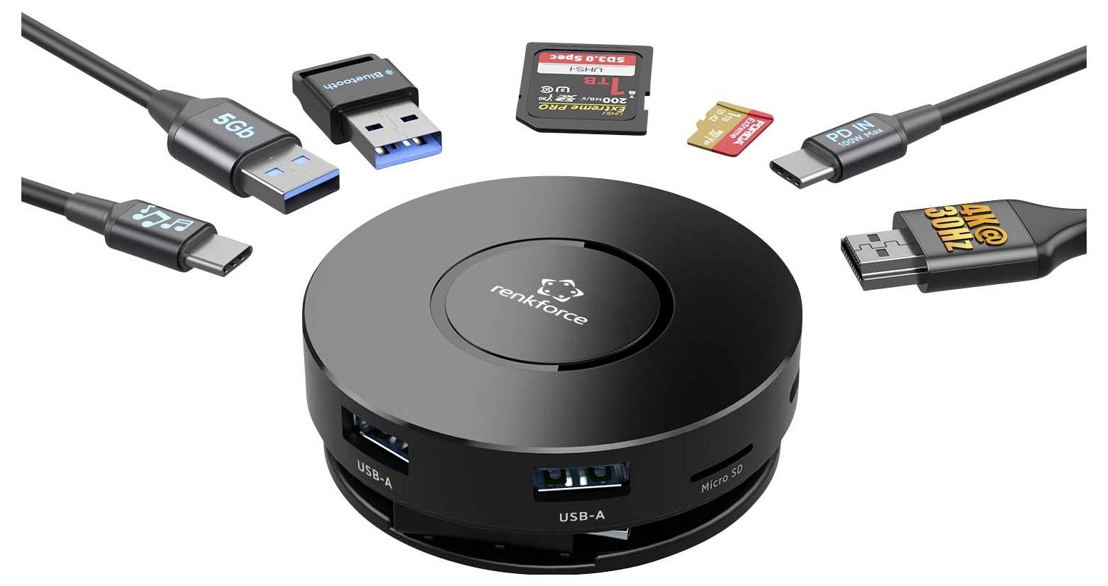 Renkforce RF-7533296 USB Hub 7+1 port USB-C® USB 3.0 10 GBit/s se zabudovaným převodníkem černá RF-7IN1USBCH-1