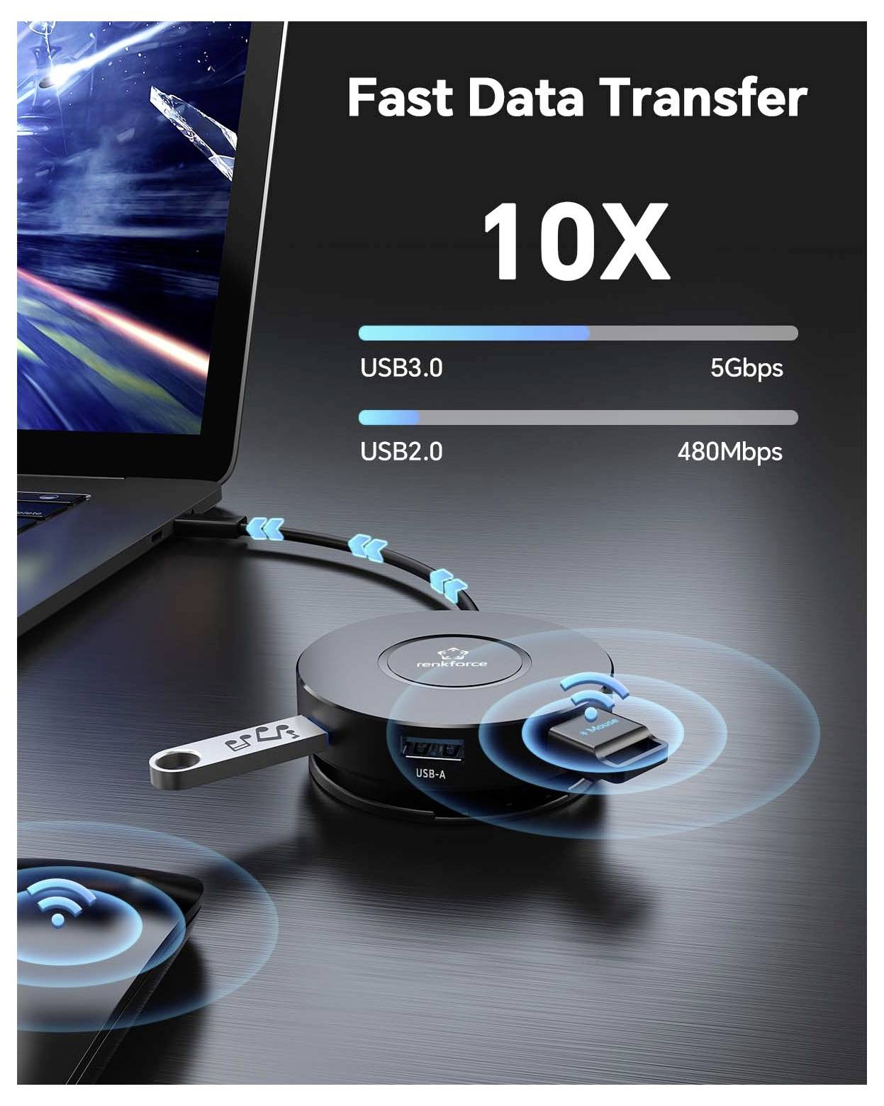 Renkforce RF-7533296 USB Hub 7+1 port USB-C® USB 3.0 10 GBit/s se zabudovaným převodníkem černá RF-7IN1USBCH-8
