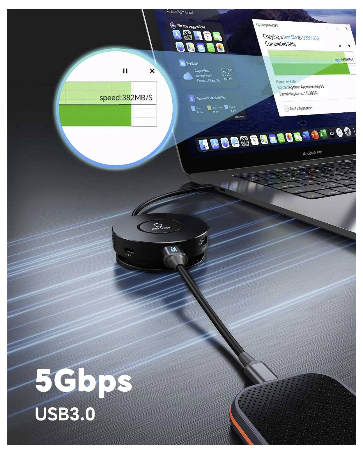 Renkforce RF-7533296 USB Hub 7+1 port USB-C® USB 3.0 10 GBit/s se zabudovaným převodníkem černá RF-7IN1USBCH-9